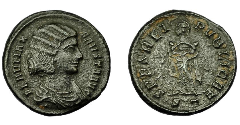 397   -  IMPERIO ROMANO. FAUSTA. Ticinum (326). R/ Spes mirando a izq. con dos niños en brazos; SPES REI PVBLICAE, exergo S creciente T. AE 3,28 g. 17,6 mm. RIC-203. Superficies rugosas. MBC.