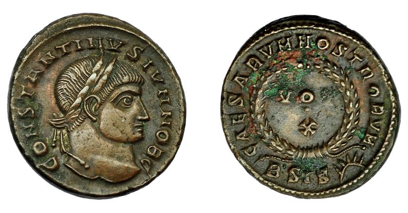 400   -  IMPERIO ROMANO. CONSTANTINO II. Follis. Siscia (321-324). R/ Láurea rodeando VOT/X, exergo BSIS sol. AE 3,64 g. 17,6 mm. RIC-182. Leves oxidaciones. MBC+.