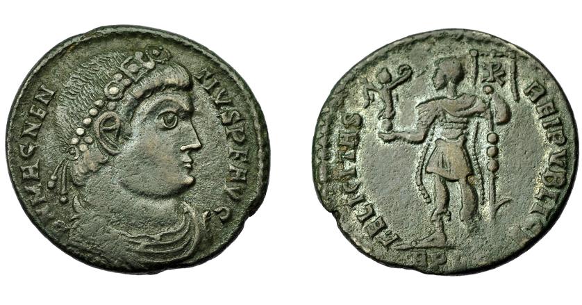 401   -  IMPERIO ROMANO. MAGNENCIO. Lugdunum (351-352). R/ Emperador a izq. con Victoria y estandarte con crismón; FELICITAS REI PVBLICA, exergo RPLG. AE 4,5 g. 21,8 mm. RIC-112. MBC/MBC-.