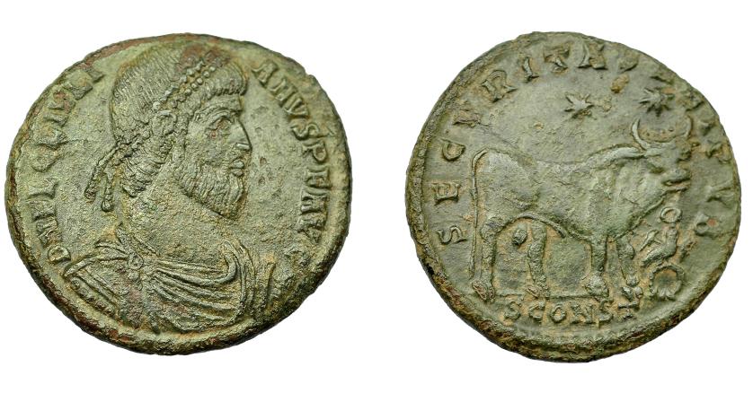 403   -  IMPERIO ROMANO. JULIANO II. Doble maiorina. Arelate (360-363). R/ Toro a der., encima dos estrellas; SECVRITAS REIPVB, exergo SCONST. AE 8,48 g. 27,5 mm. RIC-317. Pátina verde. MBC-/MBC.