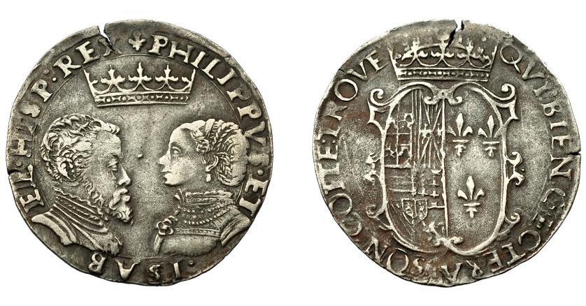 475   -  FELIPE II. Jetón. Felipe II e Isabel de Valois. AR 3,97 g. 29 mm. Dugn.-2204. Pequeña grieta. MBC.