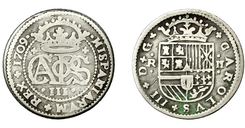 494   -  CARLOS III (pretendiente). 2 reales. 1709. Barcelona. VI-23. MBC-.