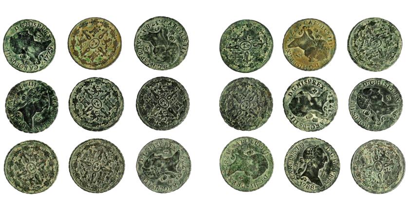 498   -  CARLOS III. Lote de 9 piezas de 4 maravedís de Segovia: 1777, 1779 (2), 1781 (3), 1784, 1787 y 1788. BC+/MBC.