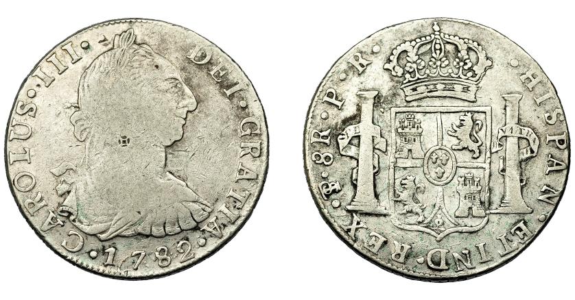 503   -  CARLOS III. 8 reales. 1782. Potosí. PR. VI-990. Dos resellos orientales en anv. BC+/MBC-. 