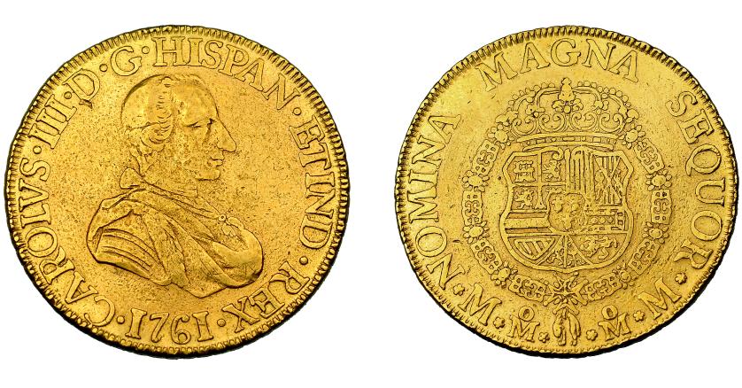 504   -  CARLOS III. 8 escudos. 1761. México. MM. Toisón en el pecho. VI-1633. Estuvo colgada. MBC-. Rara.
