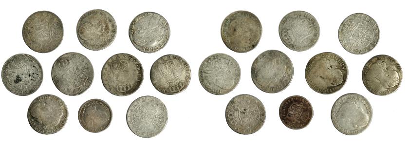 506   -  CARLOS IV. Lote de 10 piezas: 2 reales (9) y 1 real (1). Carlos III y Carlos IV. BC/BC+.