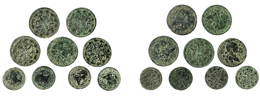 507   -  CARLOS IV. Lote de 9 piezas de Segovia:  2 maravedís -4: 1796 (2), 1798 y 1799- y 4 maravedís -5: 1795, 1797, 1799, 1800 y 1807-. BC+/MBC.