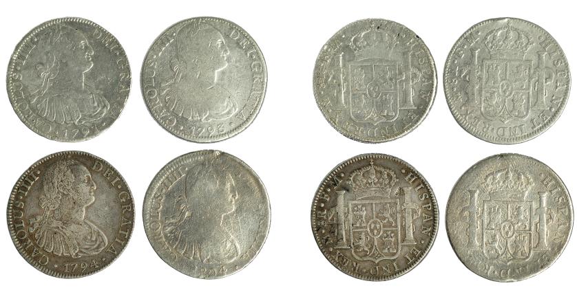 508   -  CARLOS IV. Lote de 4 monedas de 8 reales. México. 1791, 1793, 1794 y 1804. Unas con resello oriental y dos con soldaduras en canto. BC+/MBC-.
