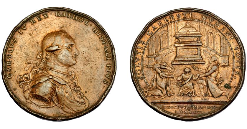 509   -  CARLOS IV. Medalla. Voto de la familia real a san Fernando. 1796. Grabador PARDO en anv. y J.B.A. en rev. Ae 48,5 mm. MPN-295. Canto golpeado. MBC.