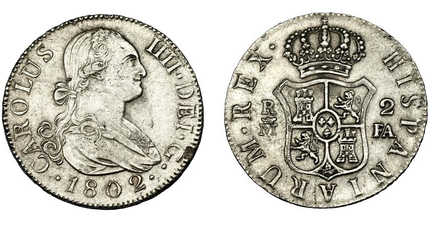 512   -  CARLOS IV. 2 reales. 1802. Madrid. FA. VI-508. Hojitas en anv. MBC+.