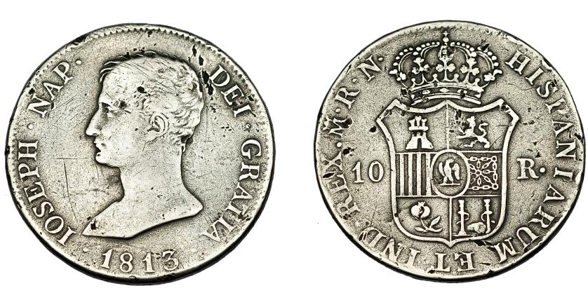 518   -  JOSÉ NAPOLEÓN I. 10 reales. 1813. Madrid. RN. VI-26. Erosiones, rayas y golpe en gráfila. MBC-. Rara.