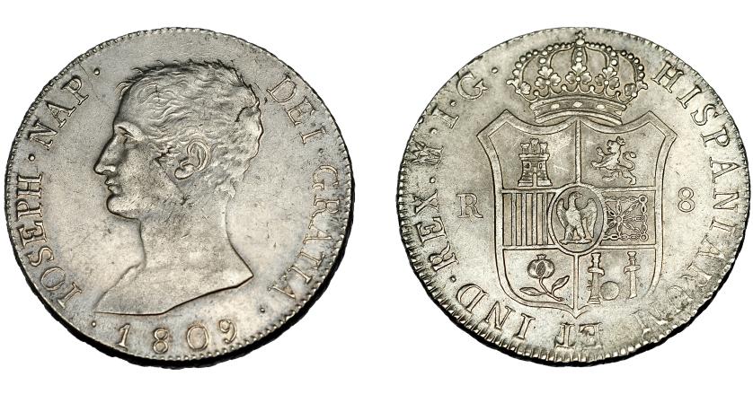 519   -  JOSÉ NAPOLEÓN I. 8 reales. 1809. Madrid. IG. VI-27. Defectos de cospel en anv. MBC+.