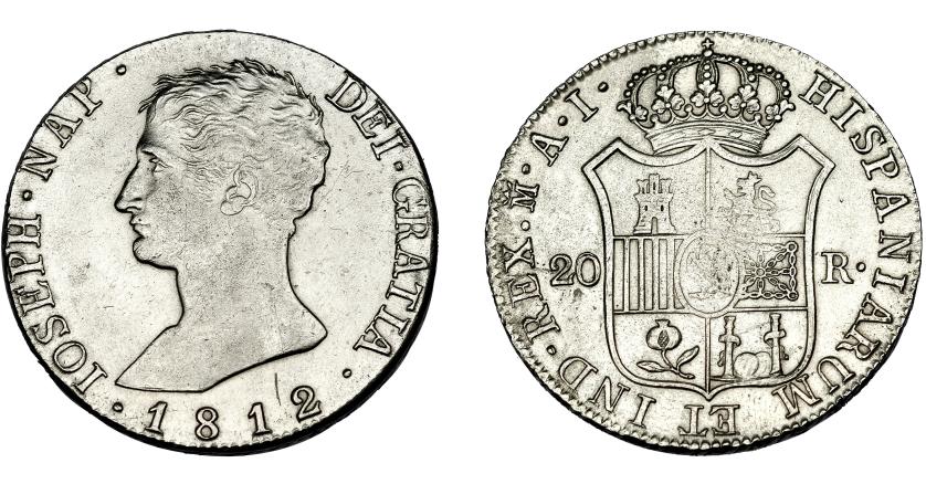 520   -  JOSÉ NAPOLEÓN I. 20 reales. 1812. Madrid. AI. VI-35. Rayita en anv. y acuñación floja en rev. EBC-/MBC+.
