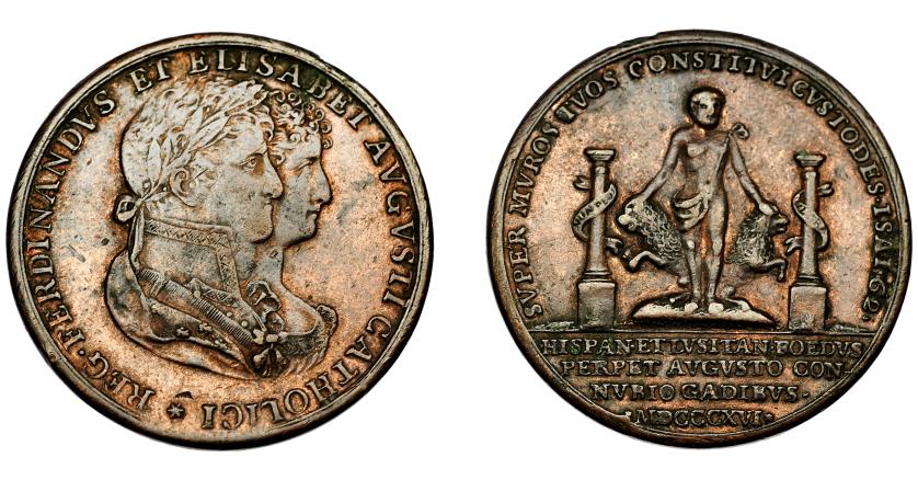 523   -  FERNANDO VII. Medalla. Boda real. Cádiz. 1816. AE 34,5 mm. Vives-322. golpecito en anv. MBC.