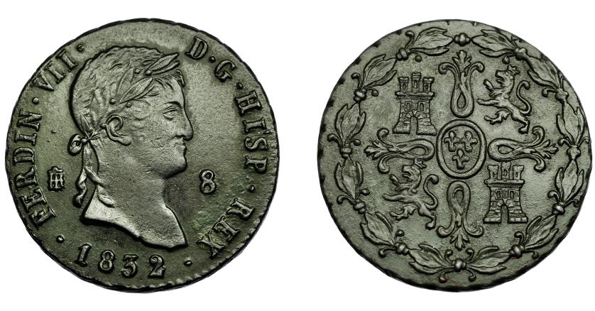 527   -  FERNANDO VII. 8 maravedís. 1832. Segovia. VI-232. MBC+/EBC-.