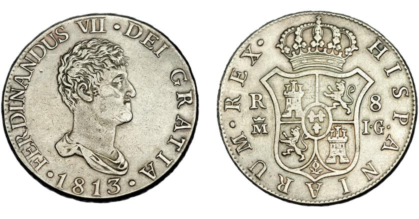 532   -  FERNANDO VII. 8 reales. 1813. Madrid. IG. VI-1062. Leve erosión en anv. MBC. Escasa.