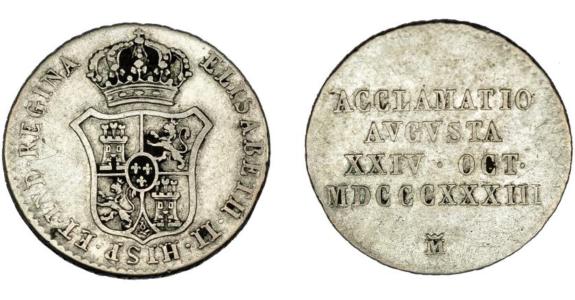 539   -  ISABEL II. Medalla de proclamación. Madrid. 1833. AR 20 mm. H-22. MBC-.