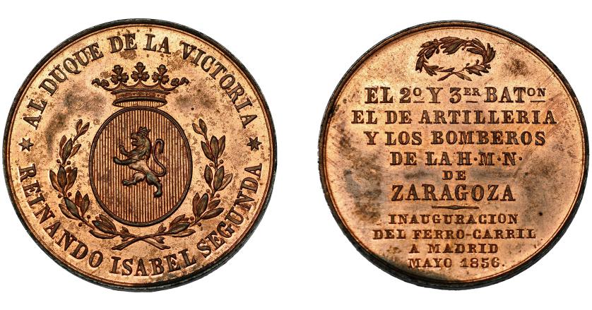 540   -  ISABEL II. Medalla inauguración del ferrocarril de Zaragoza a Madrid, mayo de 1856. AE 42 mm. B.O. EBC+.
