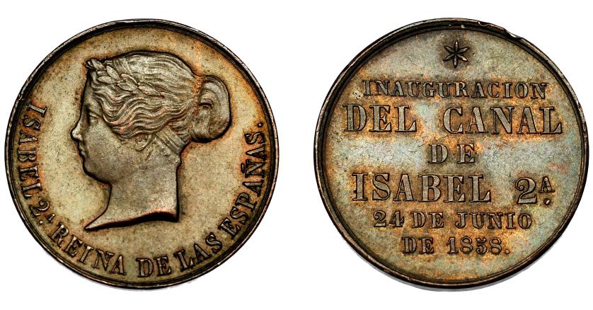 541   -  ISABEL II. Medalla. Inauguración del canal de Isabel II. 1858. AE 23 mm. Vives 407 vte. metal. Golpecitos en canto. R.B.O. EBC.