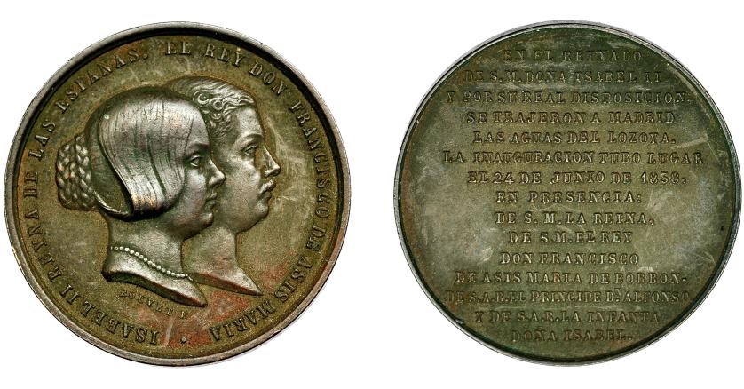 542   -  ISABEL II. Medalla. Inauguración del canal de Lozoya. 1858. Grabador BOUVET. AE 26,3 mm. MPN-695. Pátina oscura. EBC.