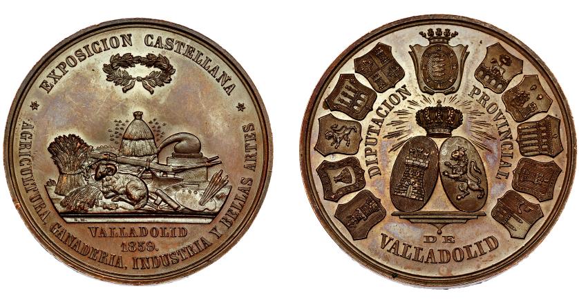 543   -  ISABEL II. Medalla. Exposisión castellana. Diputación Provincial de Valladolid. 1859. Grabador L.M. (Luis Marchionni). AR 46,5 mm. MPN-702. SC.
