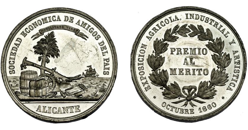 544   -  ISABEL II. Medalla Exposición agrícola, industrial y artística. Alicante. 1860. Grabador L.M. (Luis Marchionni). Metal blanco 40 mm. Rayitas en rev. SC.