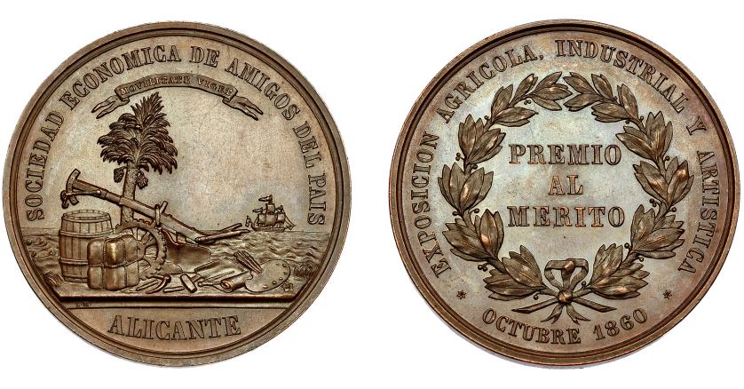 545   -  ISABEL II. Medalla Exposición agrícola, industrial y artística. Alicante. 1860. Grabador L.M. (Luis Marchionni). AE 40 mm. SC.