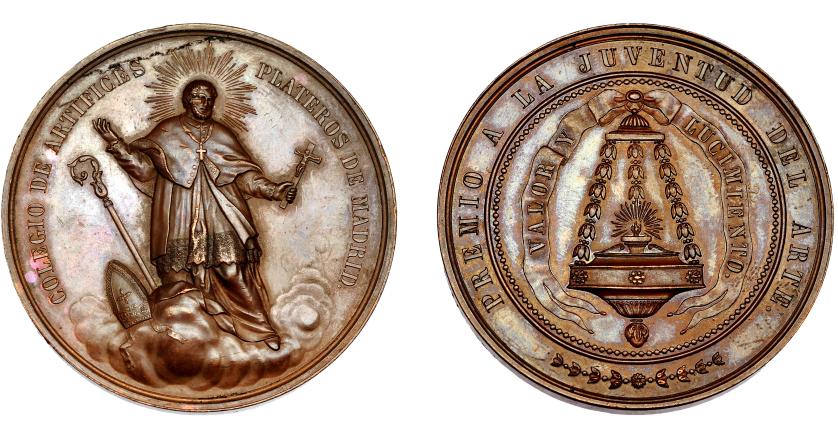 548   -  ISABEL II. Medalla colegio de artífices plateros de Madrid. San Eloy. S/F. AE 48 mm. Rozadura en anv. EBC+.