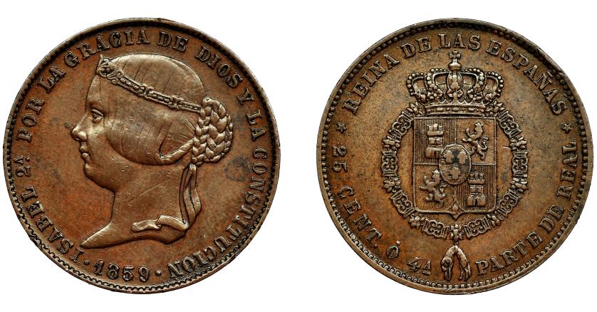 550   -  ISABEL II. 25 céntimos de real. 1859. Modelo no adoptado. VI-142. EBC-/MBC+.