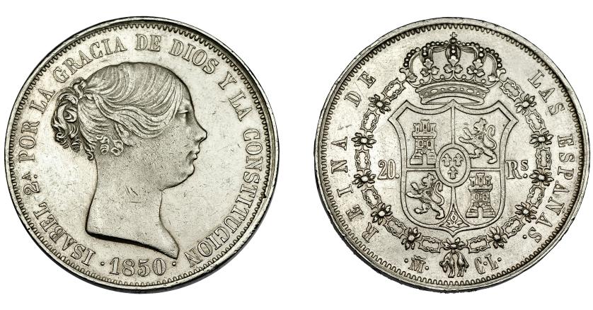 553   -  ISABEL II. 20 reales. 1850. Madrid. CL. VI-506. Pequeñas marcas. MBC+.