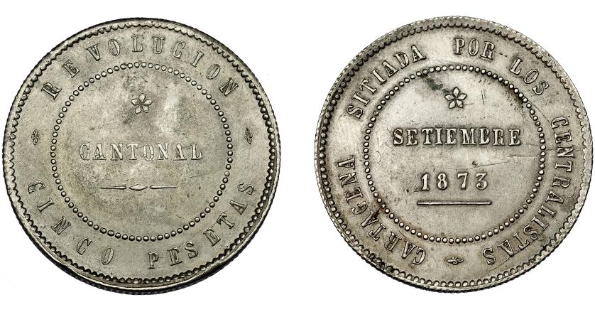 556   -  REVOLUCIÓN CANTONAL. 5 pesetas. 1873. Cartagena. no coincidente sobre el eje horizontal. VII-30. Pequeñas marcas. MBC+.