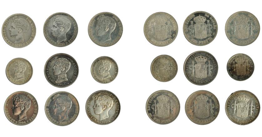 562   -  ALFONSO XIII. Lote de 10 piezas: 1 peseta -1899 (2), 1900 (4), 1903 (1)- y 50 céntimos 1904 (2). EBC-/EBC.
