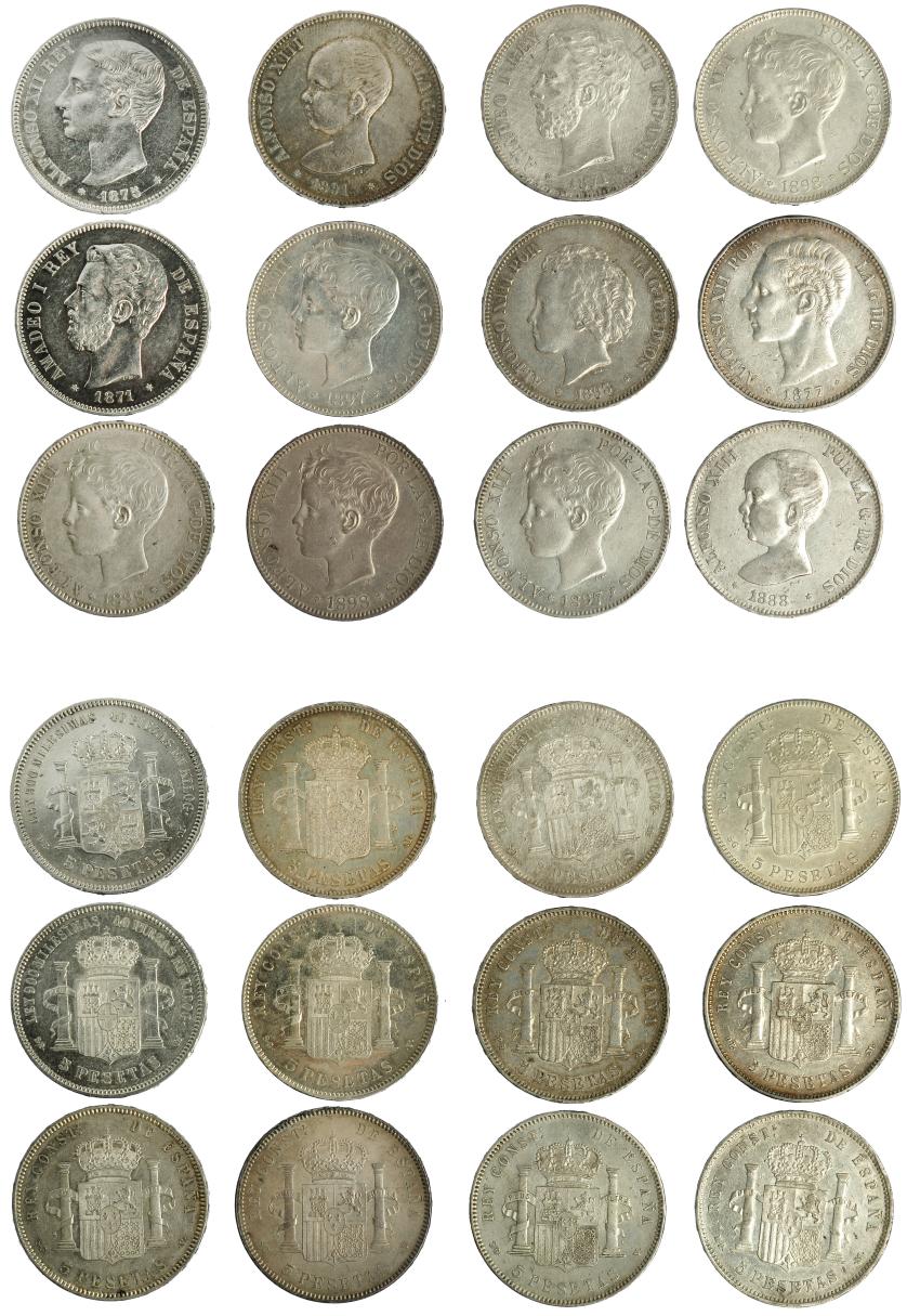 563   -  ALFONSO XIII. Lote de 12 monedas de 5 pesetas: 1871 (2), 1875, 1877, 1888, 1891, 1893, 1897 (2), 1898 (3). MBC+/EBC.