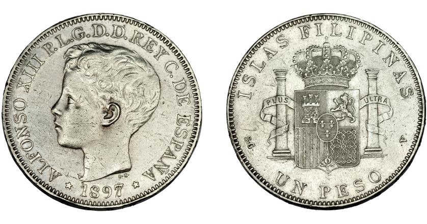 571   -  ALFONSO XIII. Peso. 1897. Manila. SGV. VII-192. Pequeñas marcas. MBC+.