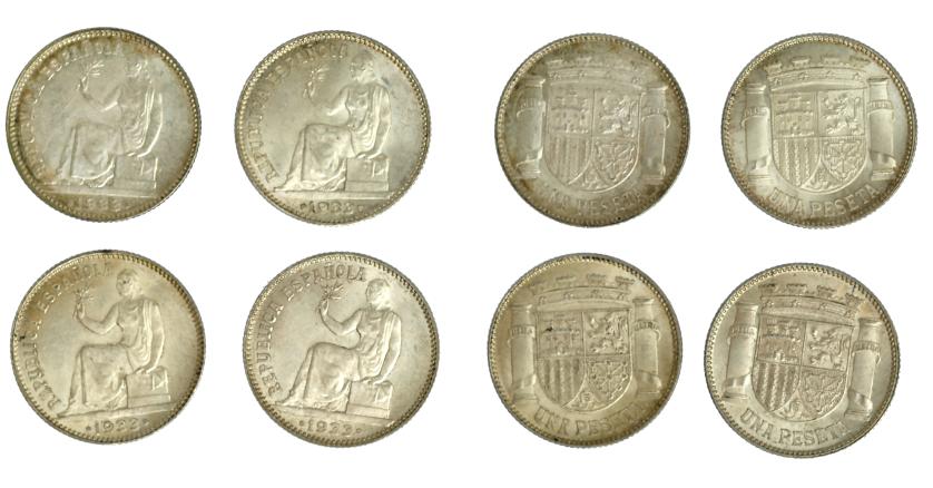 572   -  II REPÚBLICA ESPAÑOLA. Lote de 4 monedas de 1 pesta. 1933. MBC+/EBC+.