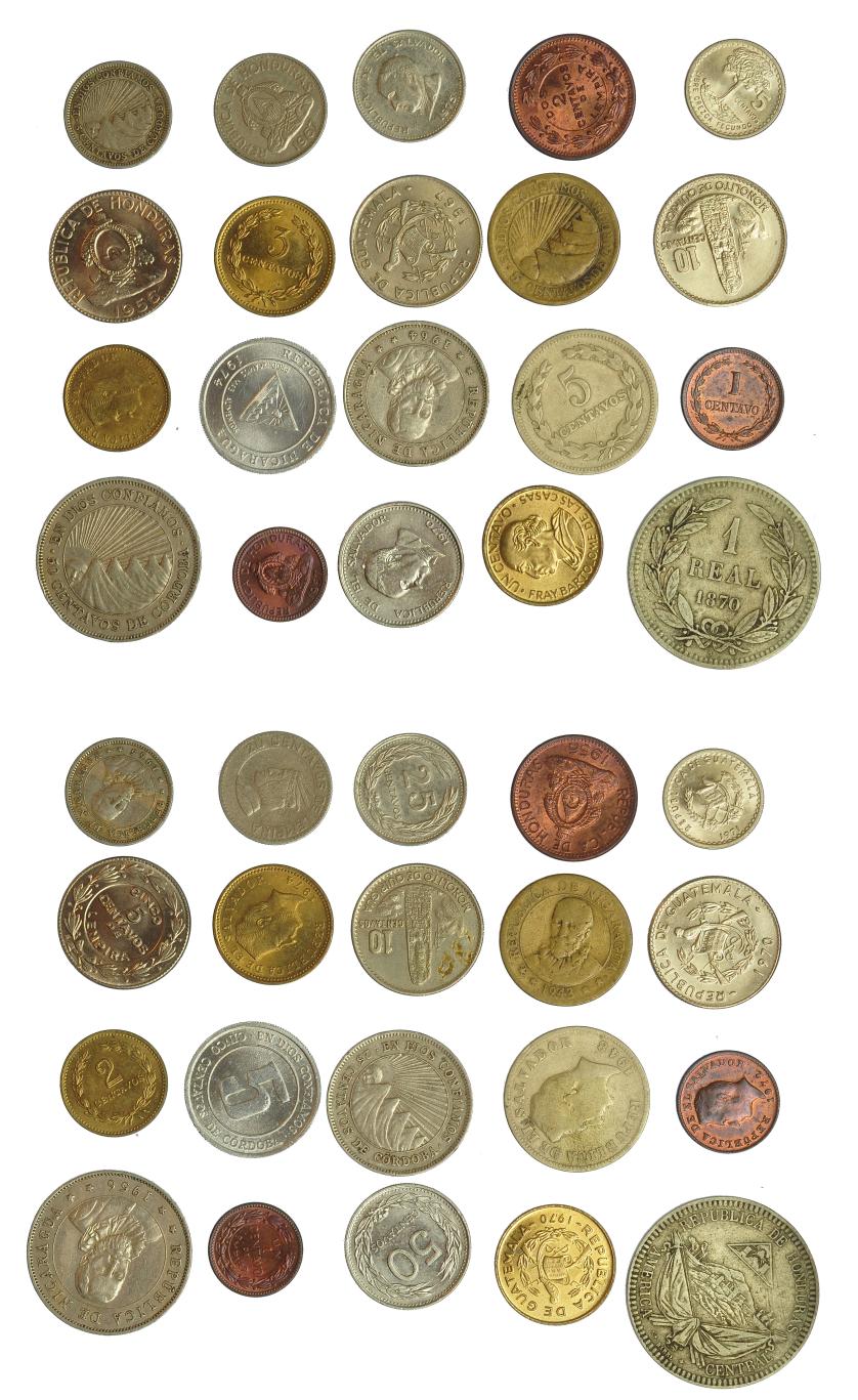 623   -  MONEDAS EXTRANJERAS. Lote de 20 monedas de distintos países: El Salvador (6), Guatemala (4), Nicaragua (5) y Honduras (5). De MBC- a SC.
