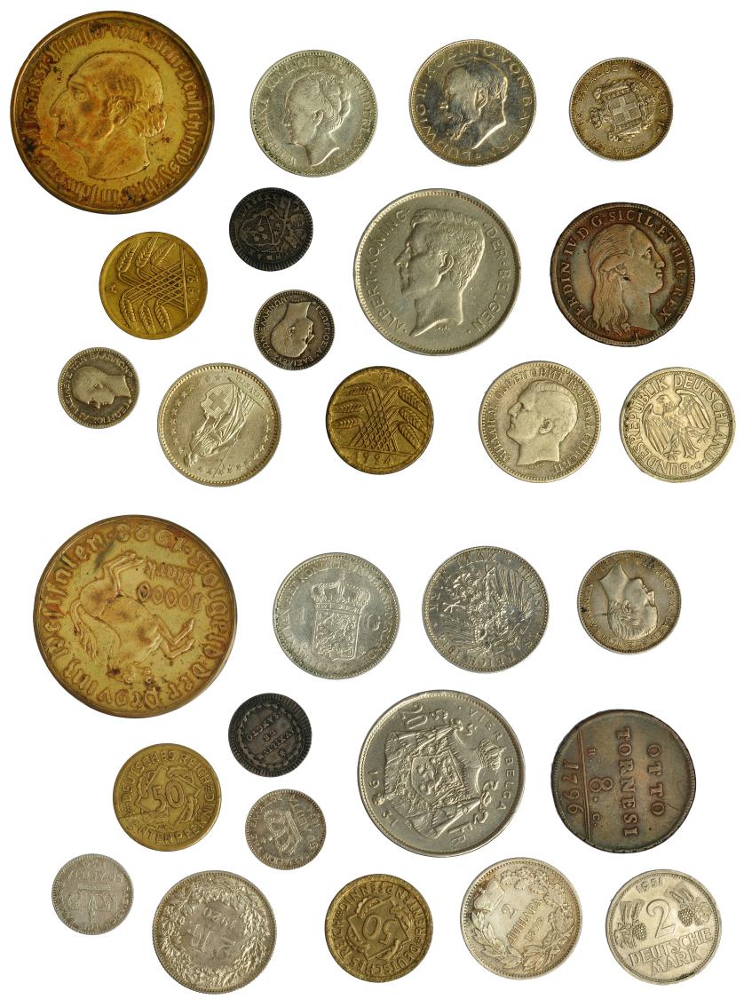 627   -  MONEDAS EXTRANJERAS. Lote de 14 piezas, 8 de ellas de plata: estados alemanes y Alemania (5), estados italianos (2), Bélgica (1), Grecia (3), Holanda (1), Serbia (1), Suiza (1). MBC/EBC.