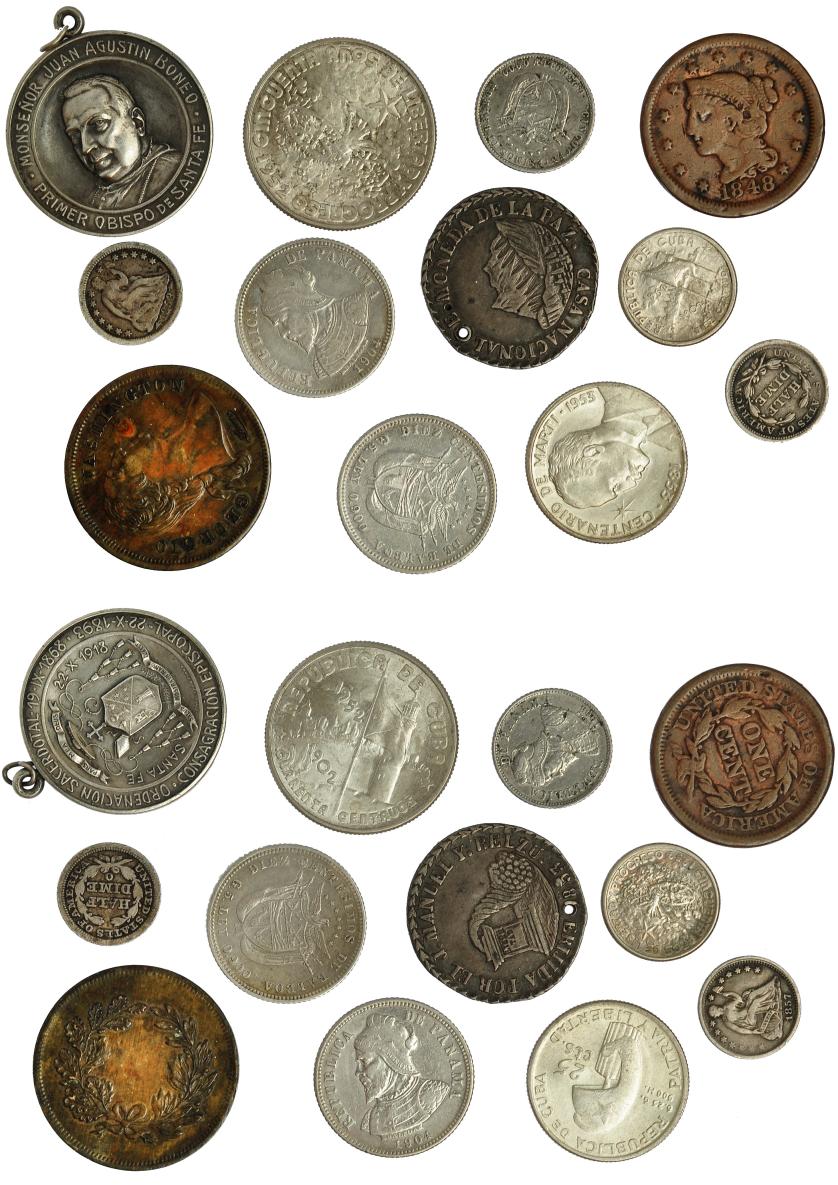 628   -  MONEDAS EXTRANJERAS. Lote de 12 piezas, 9 de ellas de plata, una con agujero: Argentina (1 medalla), Cuba (3), Bolivia (1), Panamá (3), Estados Unidos (3 monedas y 1 medalla). MBC-/EBC+.
