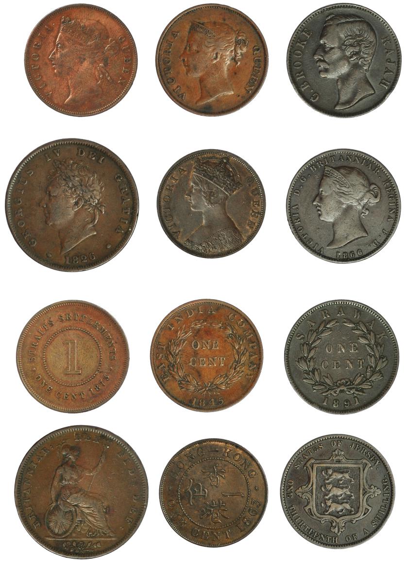 629   -  MONEDAS EXTRANJERAS. Lote de 6 piezas (1826-1891): establecimientos del Estrecho (2), Gran Bretaña (1), Hong-Kong (1), Jersey (1), Sarawak (1). MBC-/MBC+.