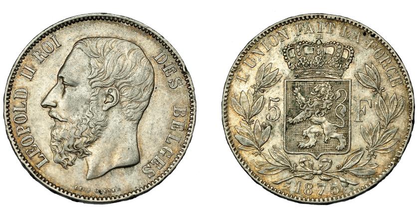 647   -  MONEDAS EXTRANJERAS. BÉLGICA. Leopoldo II. 5 francos. Bruselas. 1875. KM-24. Golpe en canto. MBC+.
