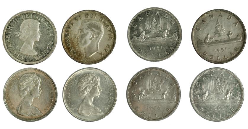 650   -  MONEDAS EXTRANJERAS. CANADÁ. Lote de 4 monedas de 1 dólar. 1951, 1961, 1965 y 1966. KM-46, 54 y 64. Calidad media EBC.