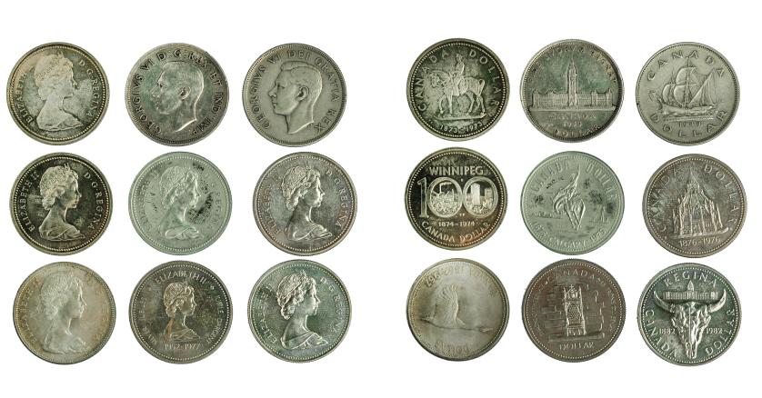 651   -  MONEDAS EXTRANJERAS. CANADÁ. Lote de 9 monedas de 1 dólar. 1939, 1949, 1967, 1973, 1974, 1975, 1976, 1977 y 1982. KM-38, 47, 70, 83, 88, 97, 106, 118 y 133. EBC-/SC.