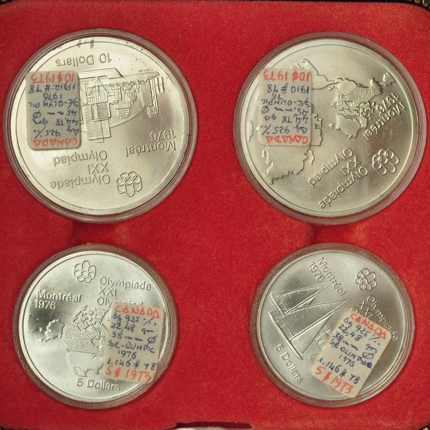 654   -  MONEDAS EXTRANJERAS. CANADÁ. Estuche original con set Juegos Olímpicos de Montreal 1976: 2 monedas de 5 dólares y 2 de 10 dólares. Total 4 piezas. SC.