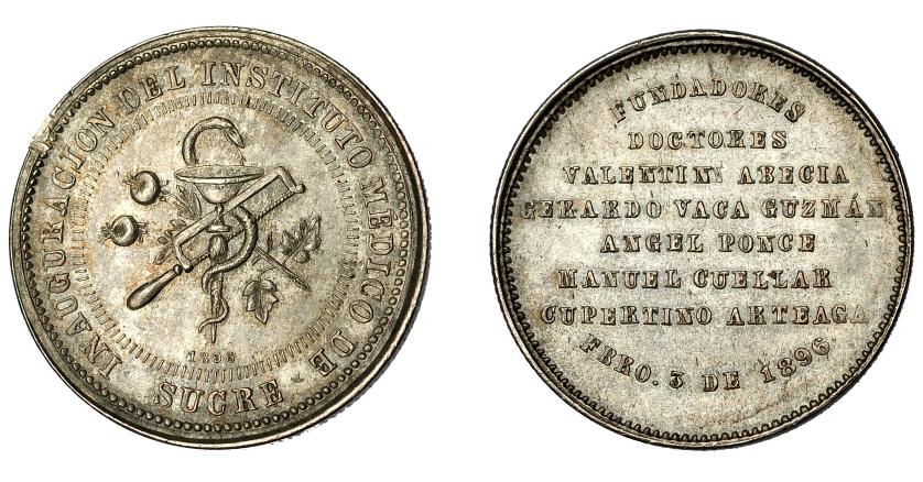 663   -  MONEDAS EXTRANJERAS. ECUADOR. Medalla. Inauguración del Instituto Médico de Sucre. 1896. AR 30 mm. Golpe en gráfila. EBC.