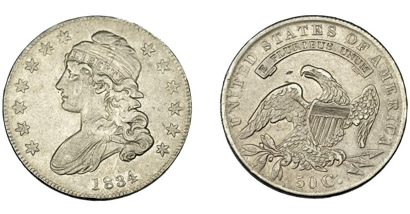 666   -  MONEDAS EXTRANJERAS. ESTADOS UNIDOS DE AMÉRICA. 1/2 dólar 1834. Filadelfia. KM-37. Pequeñas marcas. MBC+.