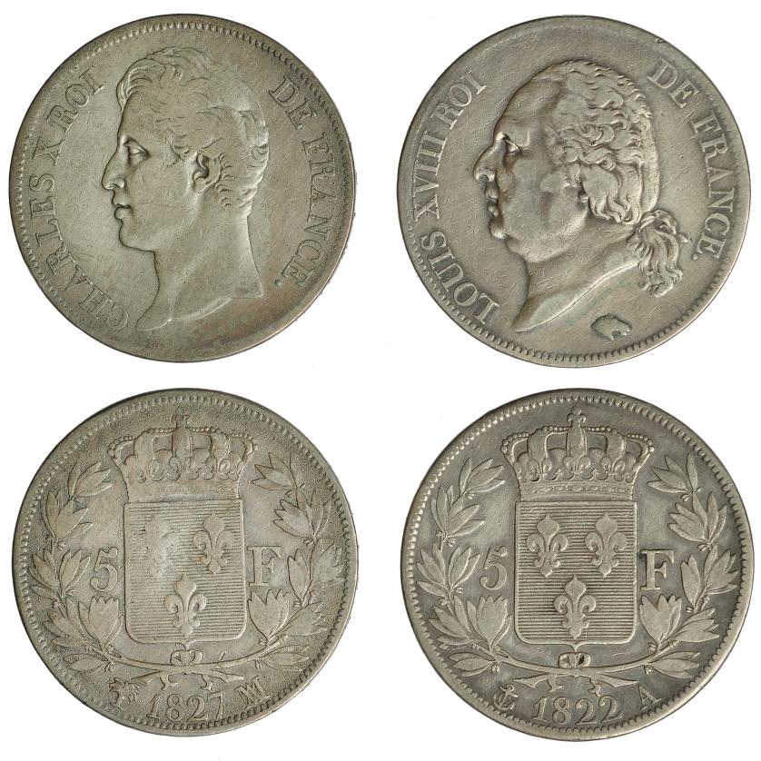 674   -  MONEDAS EXTRANJERAS. FRANCIA. Lote de 2 monedas de 5 francos: 1827 (Carlos X, Marsella, KM 728.10) y 1822 (Luis XVIII, París, KM-711.1). MBC/MBC-.