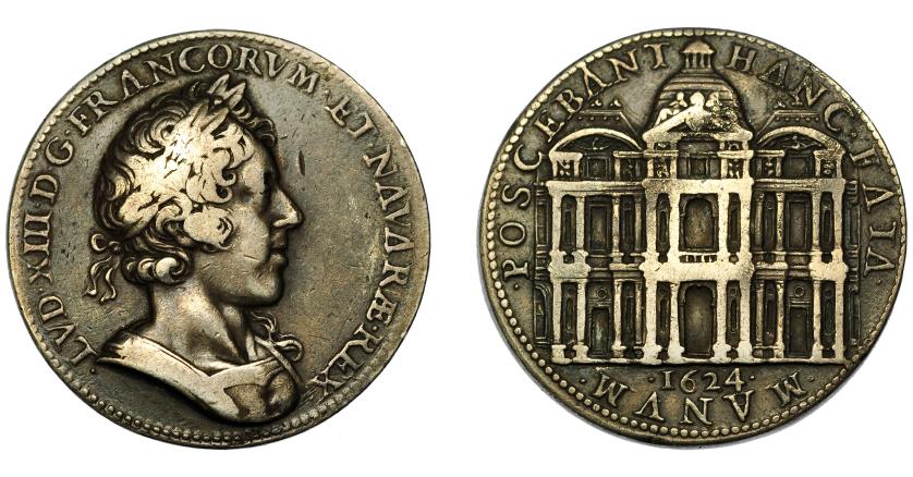 675   -  MONEDAS EXTRANJERAS. FRANCIA. Luis XIII. Medalla. 1624. Ampliación del Museo del Louvre. AR 32 mm. Golpecito en anv. MBC.