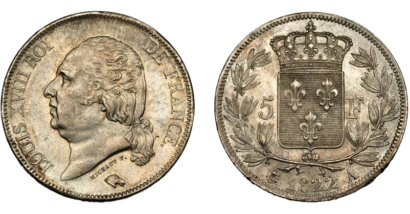 685   -  MONEDAS EXTRANJERAS. FRANCIA. Luis XVIII. 5 francos. 1822. París. A. KM-7111.1. Golpecitos en gráfila. EBC.