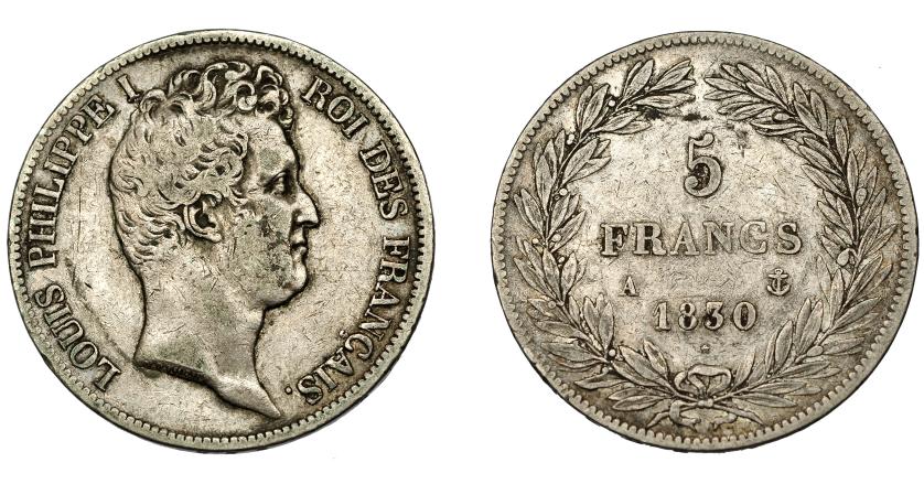 686   -  MONEDAS EXTRANJERAS. FRANCIA. Luis Felipe. 5 francos. 1830. KM-737.1. Pequeñas marcas. MBC-. 