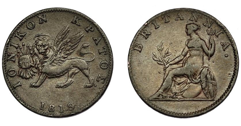 695   -  MONEDAS EXTRANJERAS. GRECIA. Jonia. Administración británica. 2 lepta. 1819. KM-31. MBC/MBC-.